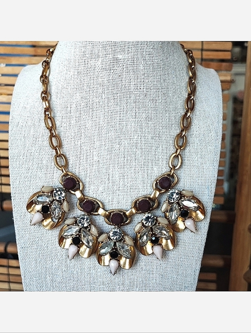 J. Crew Antiqued Gold Tone Hardware Rhinestone Statement Necklace Jewelry